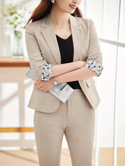 Solid Button Front Blazer Lapel Roll Up Sleeve Blazer Office Work