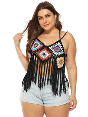 Crochet Bikini Top Fringe Trim Colorblock Swimsuit