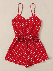 Polka Dot Print Romper Jumpsuit V Neck Tie Waist