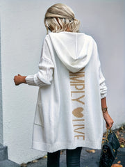 Letter & Heart Print Long Sleeve Hooded Cardigan With Pockets