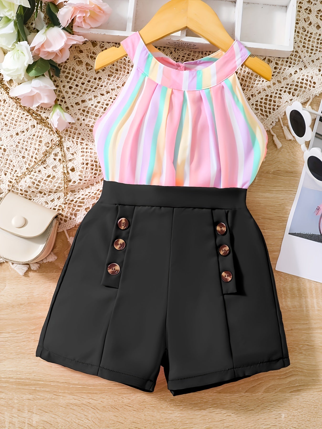 Girl's Rainbow Striped Halter Top & Button Shorts Set Beach Holiday Outfit