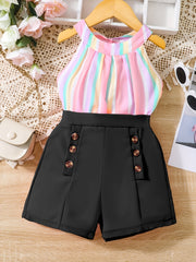 Girl's Rainbow Striped Halter Top & Button Shorts Set Beach Holiday Outfit
