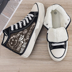 Smiling Graffiti Print Plush Lined Thermal Chunky Canvas Sneakers