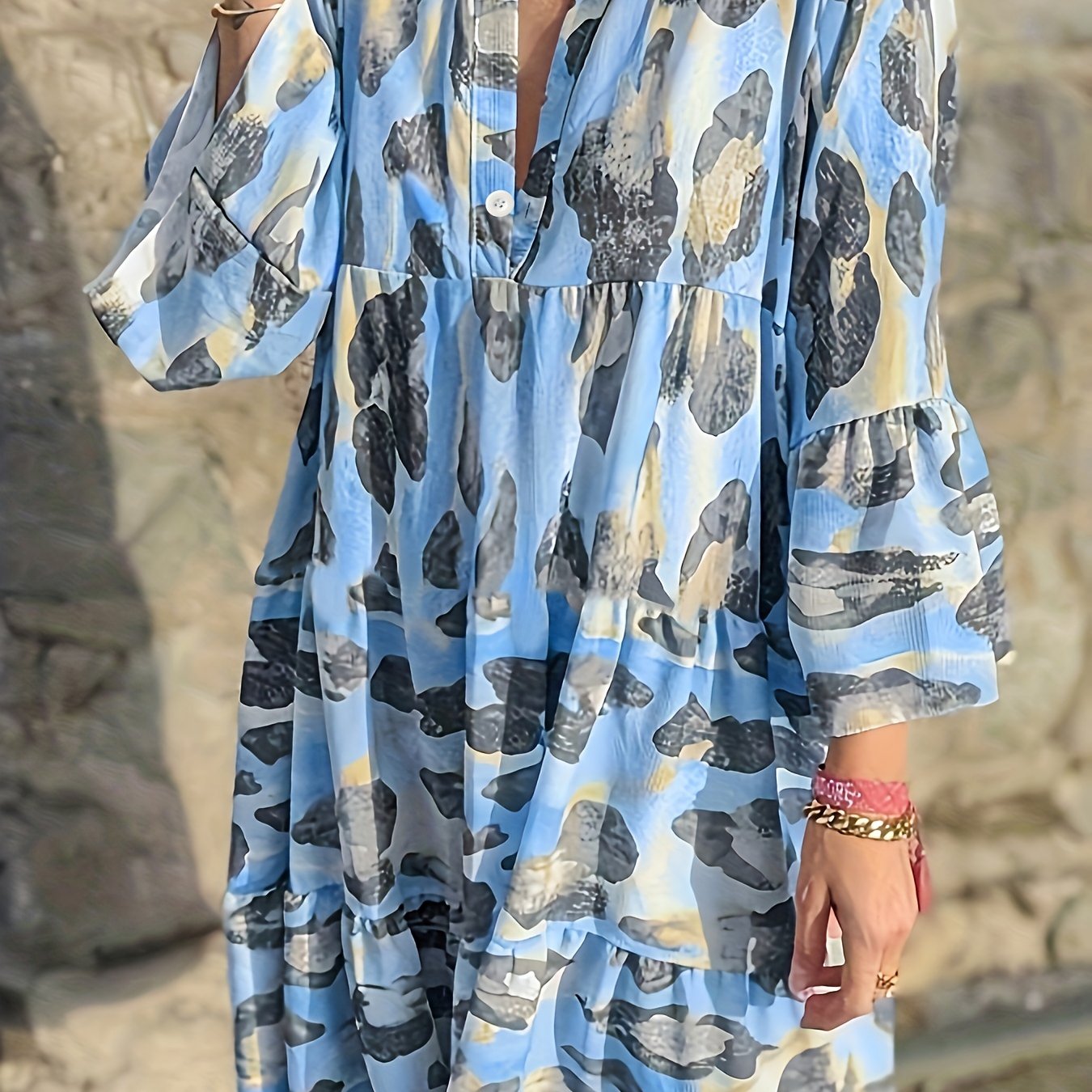 Plus Size Tie Dye Ruffle Trim Short Sleeve Dress