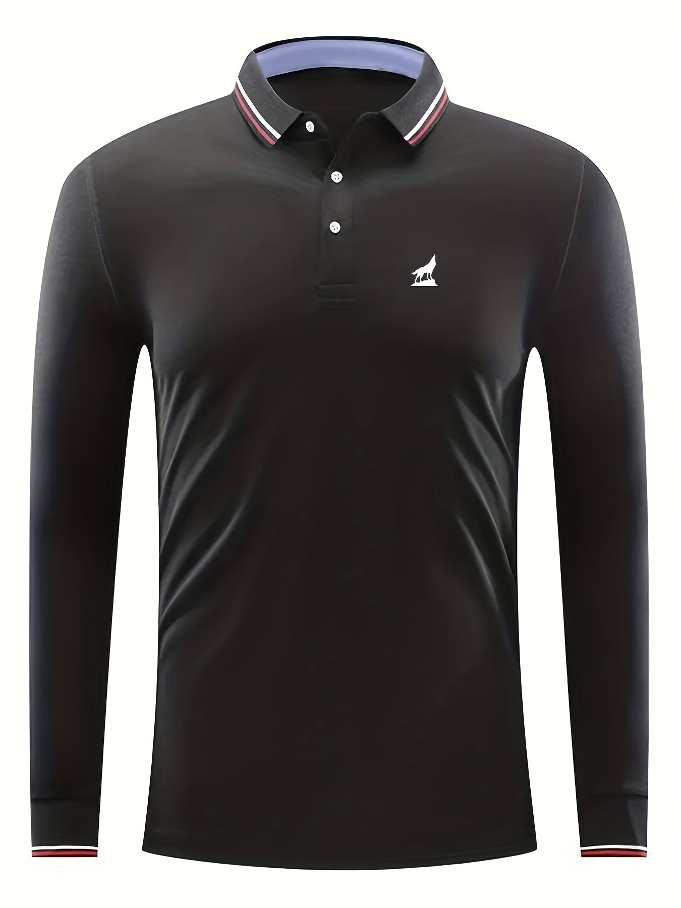 Men's Wolf Print Long Sleeve Polo Shirt Breathable Button Up Top