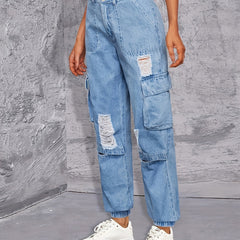 Cargo Pockets Ripped Denim Pants, Y2K & Kpop Style