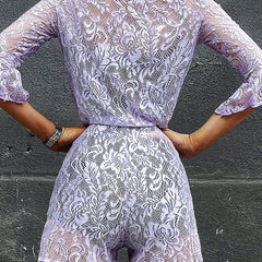 Lace Tassel Trim Purple Cover Up Playsuit V Neck Bell Sleeve