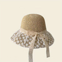 Lace Flower Ribbon Sun Hat Wide Brim Straw Hat Foldable Travel Beach Hats