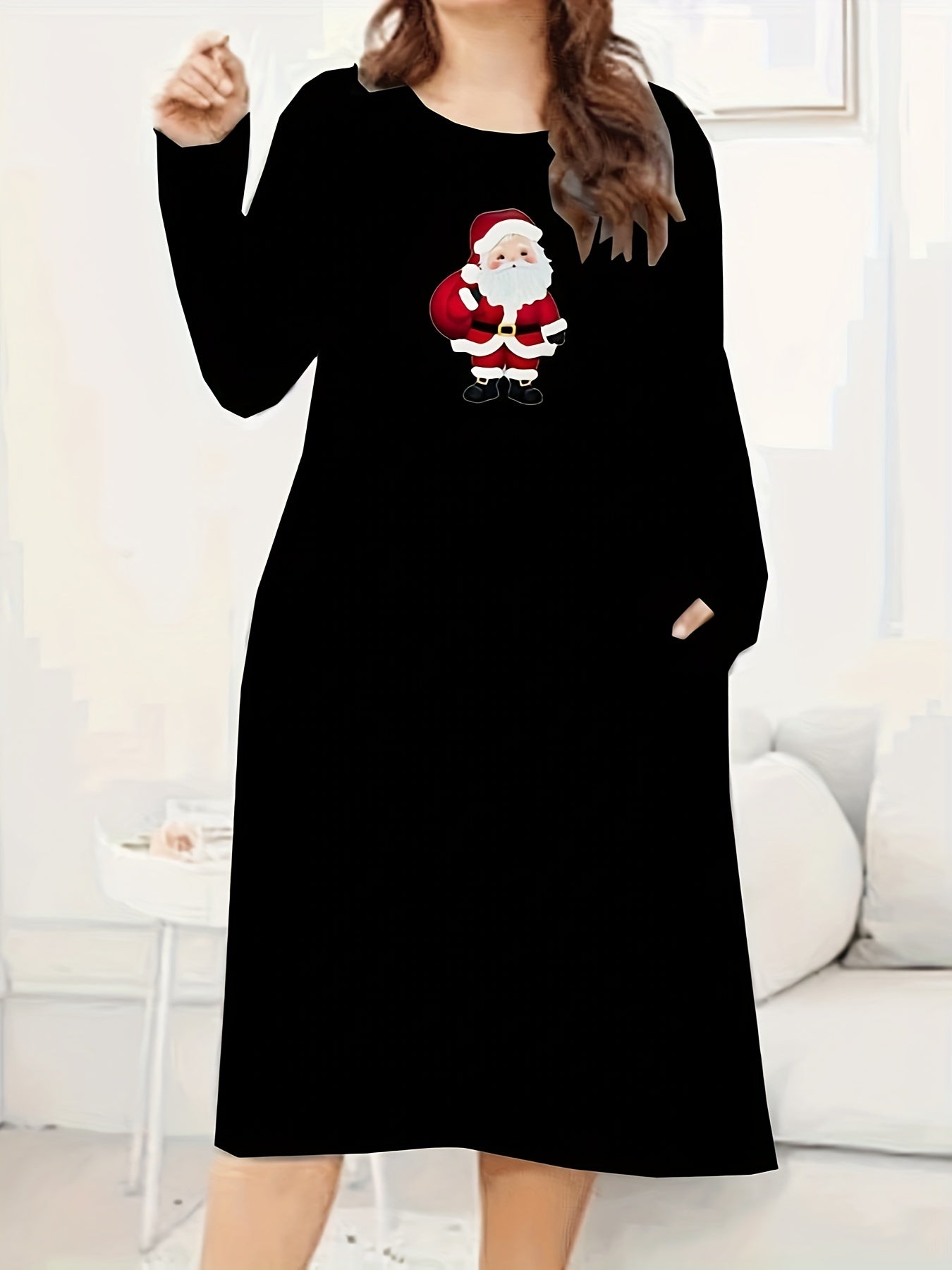 Women's Plus Santa Claus Print Long Sleeve Round Neck Tee Dress