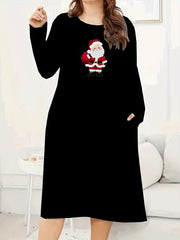 Women's Plus Santa Claus Print Long Sleeve Round Neck Tee Dress