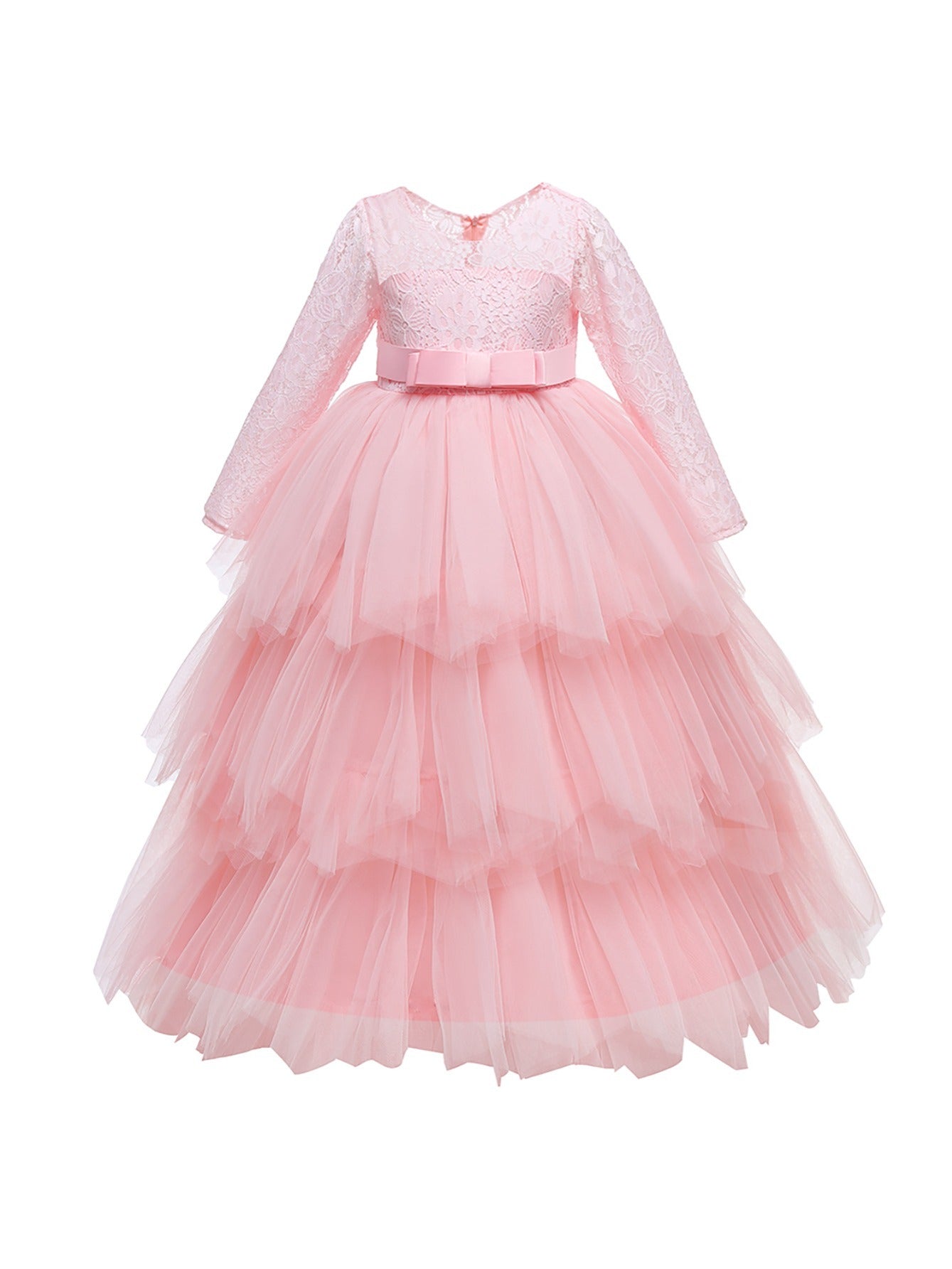 Mesh Puffy Princess Dress Girls Lace Long Sleeve Wedding Dress