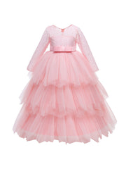 Mesh Puffy Princess Dress Girls Lace Long Sleeve Wedding Dress
