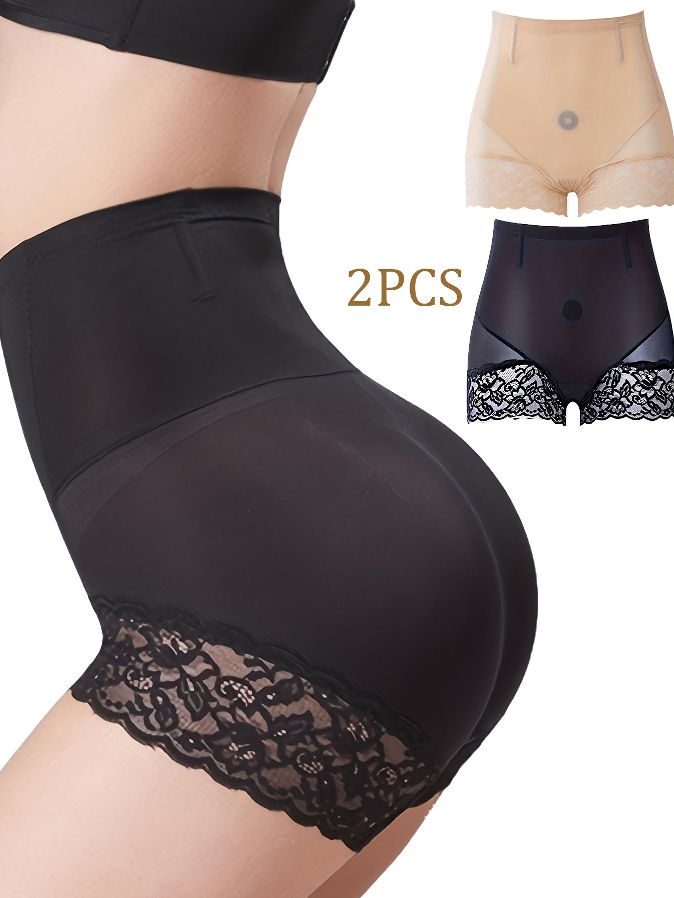 2pcs Lace Trim Tummy Control Panties Butt Lifting Women's Underwear