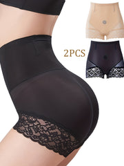 2pcs Lace Trim Tummy Control Panties Butt Lifting Women's Underwear