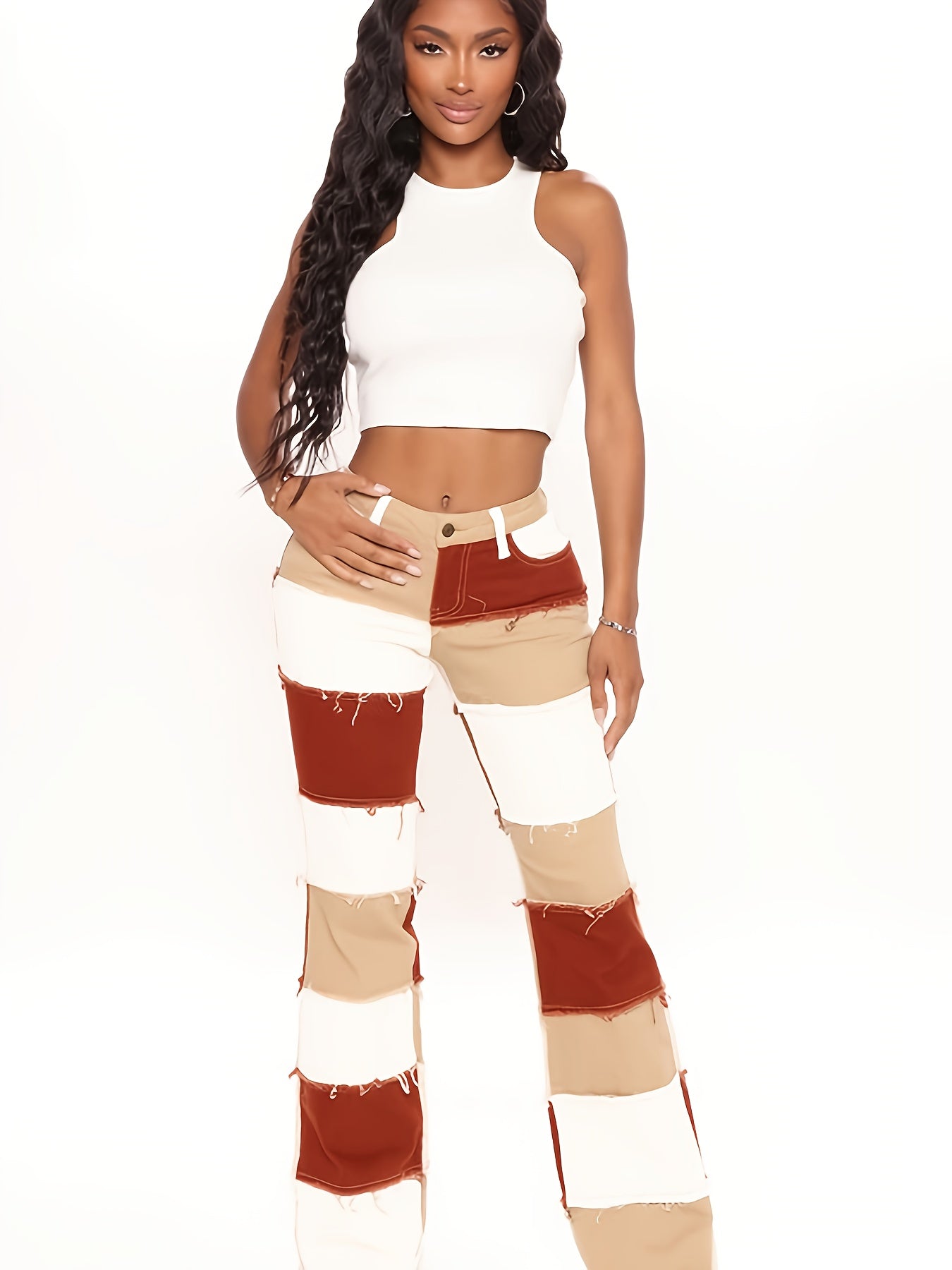 Colorblock Bell Bottom Jeans Wide Legs Raw Trim Pants