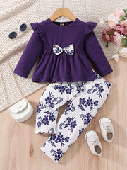 2pcs Baby Girls Ruffles T Shirt & Floral Print Pants Set