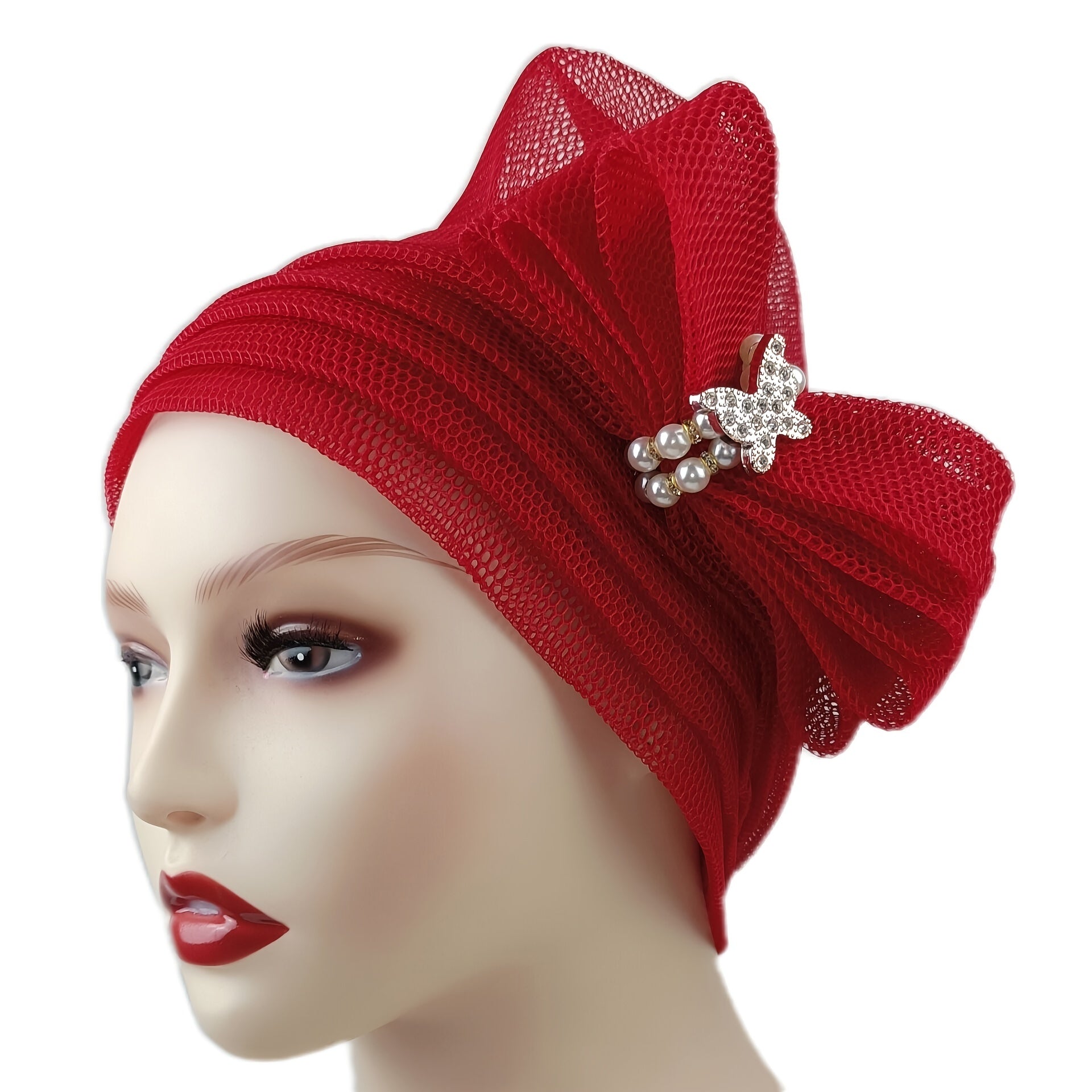 Mesh Pleated Bow Turban Cap Head Scarf Ramadan Head Wraps Beanie