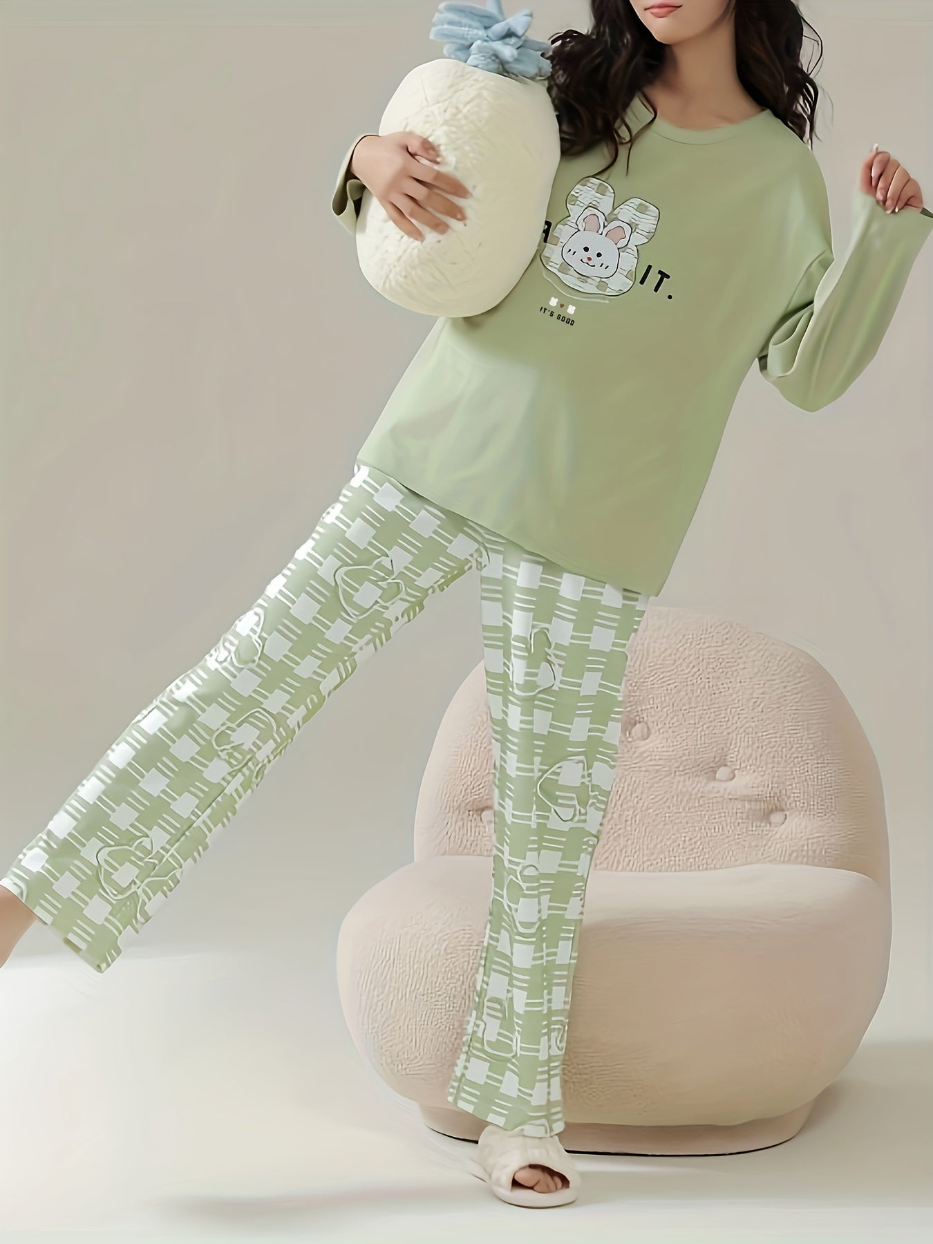 Bunny Print Pajama Set Long Sleeve Top & Plaid Pants