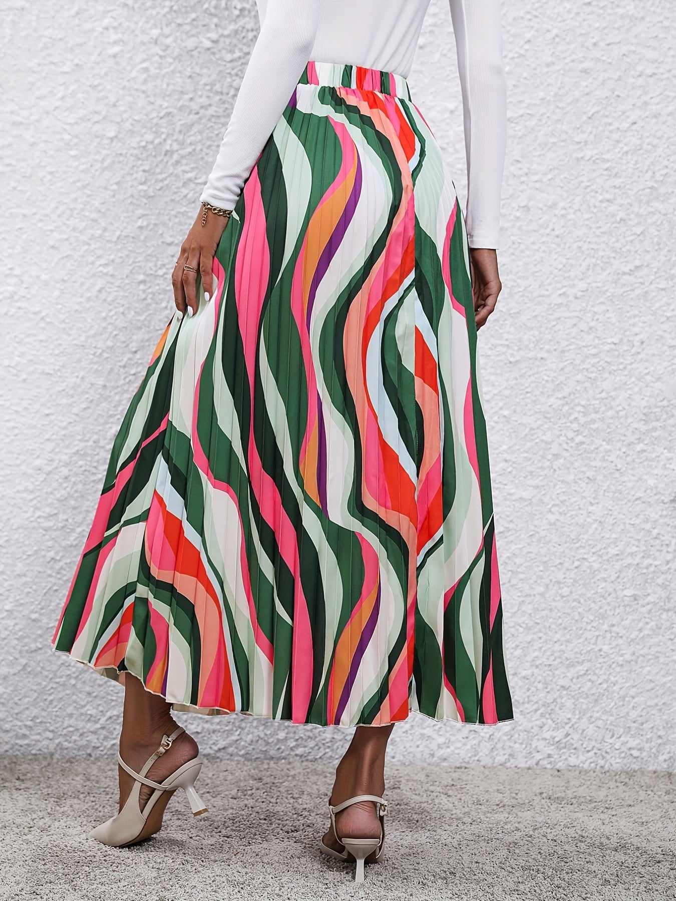 Abstract Print Pleated Maxi Skirt Women's Clothing