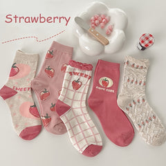5 Pairs Strawberry Pattern Socks Mid Tube Women's Stockings
