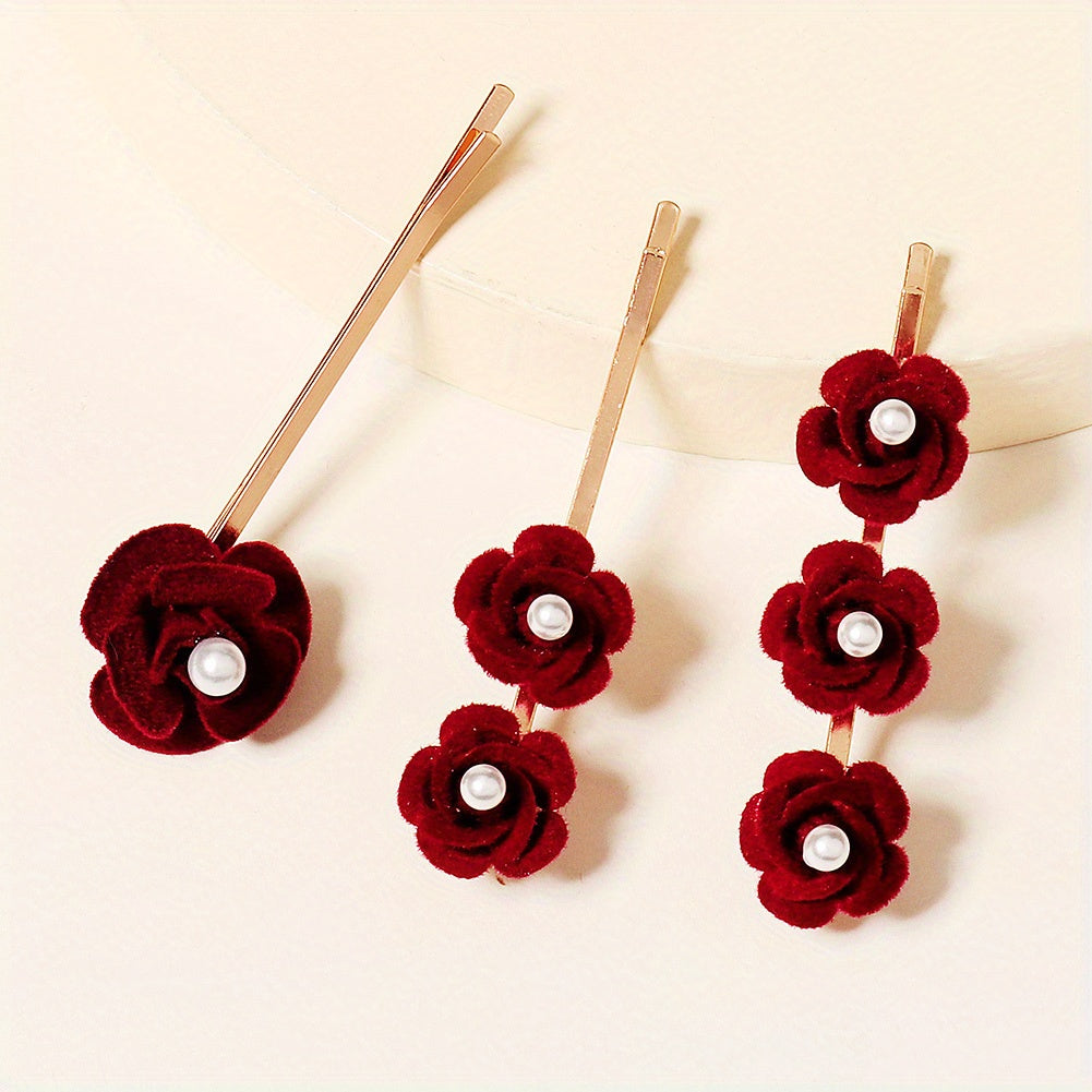 3pcs Faux Pearl Flower Bobby Pin Retro Rose Side Clip