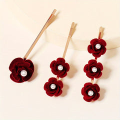 3pcs Faux Pearl Flower Bobby Pin Retro Rose Side Clip