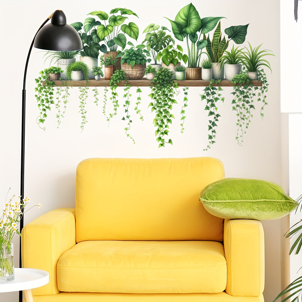 Tropical Green Plant Leaves Potted Vine Decal Stickers Home Wall Decor Set