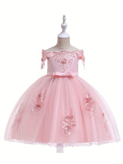 Girls Flower Beaded Embroidered Ball Gown Party Dress
