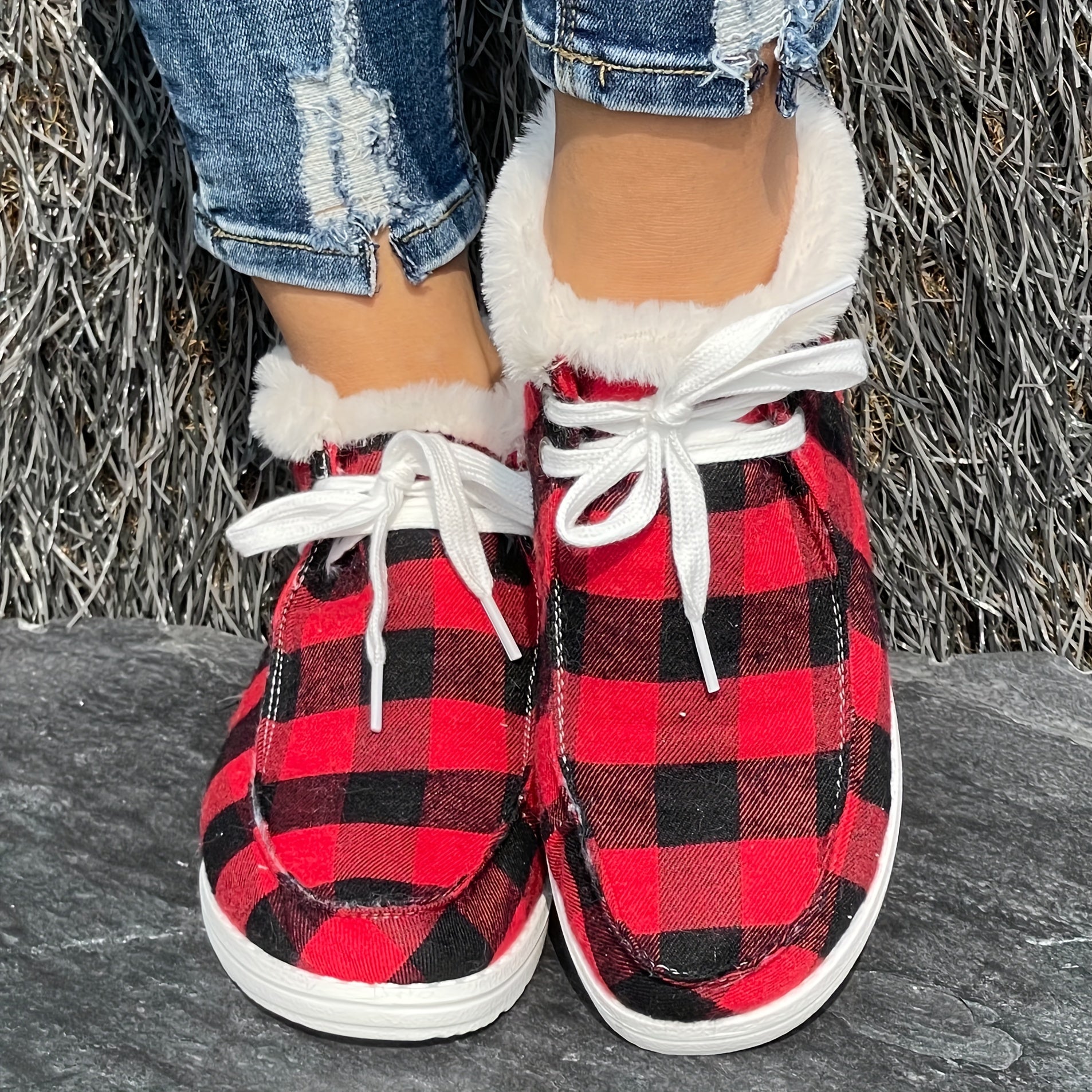 Women's Red & Plaid Snow Boots Flat Comfortable Fur Insoles