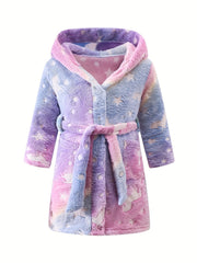 Cartoon Pattern Hooded Flannel Bathrobe for Girls