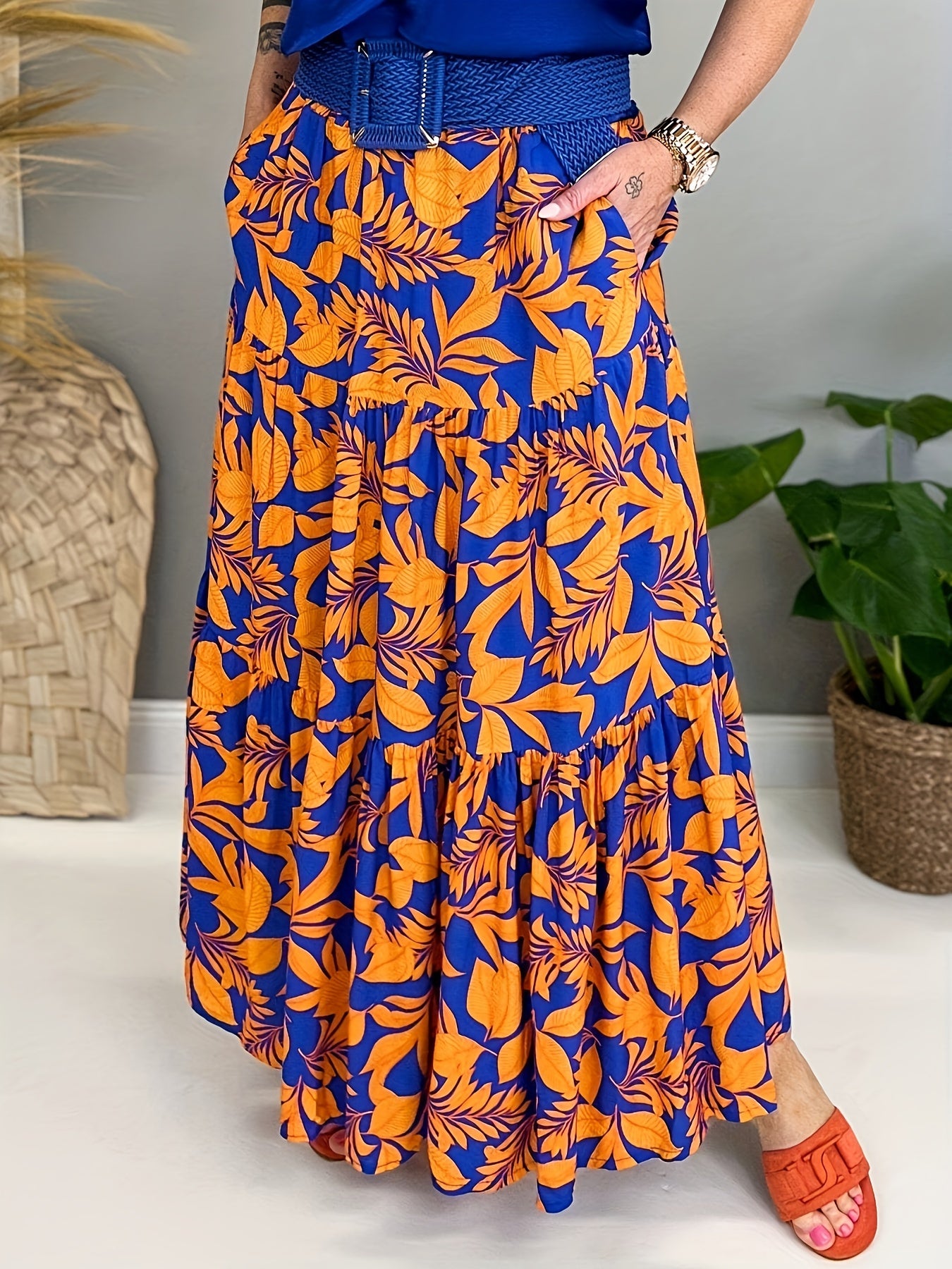 Women's Plus Floral Print High Rise Smock Maxi Skirt With Pockets