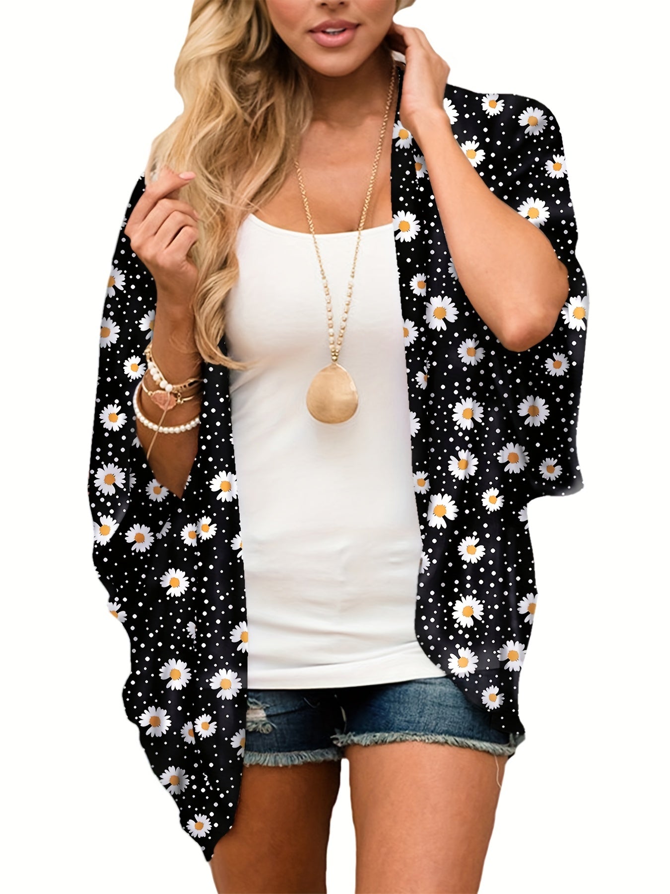 Floral Print Cover Up Shirt V Neck Loose Fit Long Sleeves Beachwear