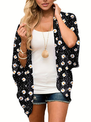 Floral Print Cover Up Shirt V Neck Loose Fit Long Sleeves Beachwear