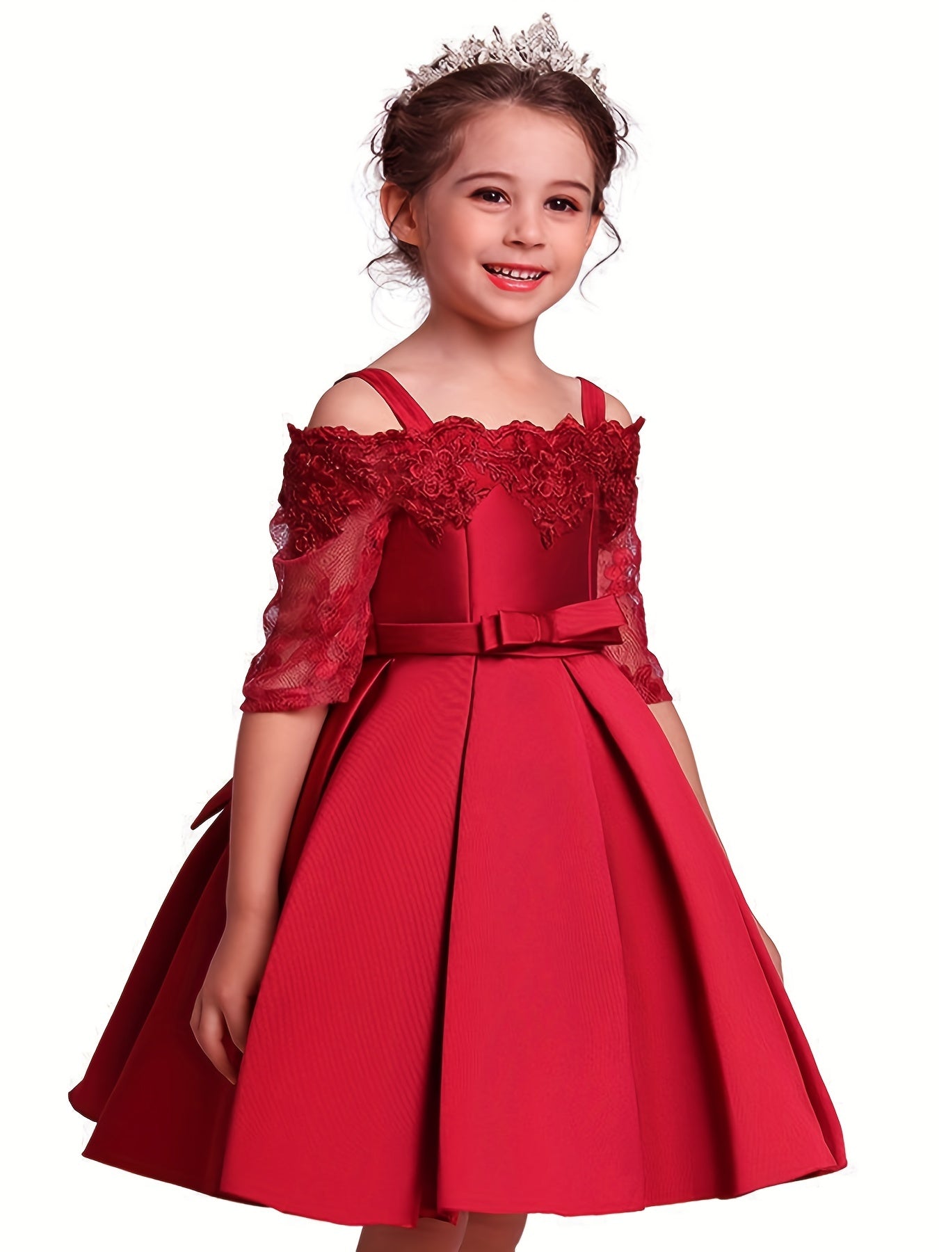 Toddler Girls Off Shoulder Lace Long Sleeve Dress for Party Birthday Gown