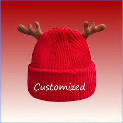 Personalized Christmas Red Knit Beanie Hat with Deer Antlers