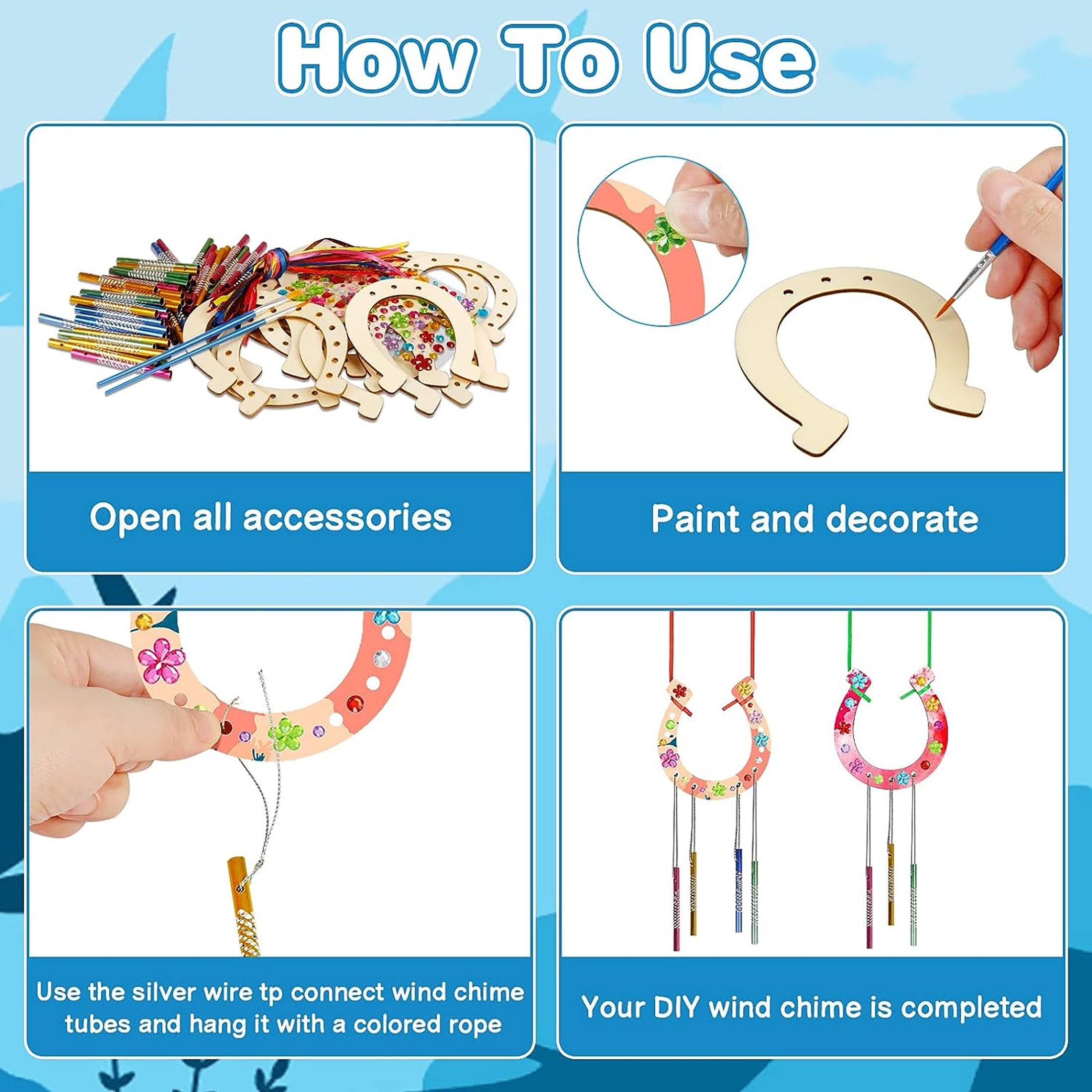 16pcs Kids DIY Wind Chime Kit w/ Stickers Horseshoe Art Crafts Boys Girls Gift