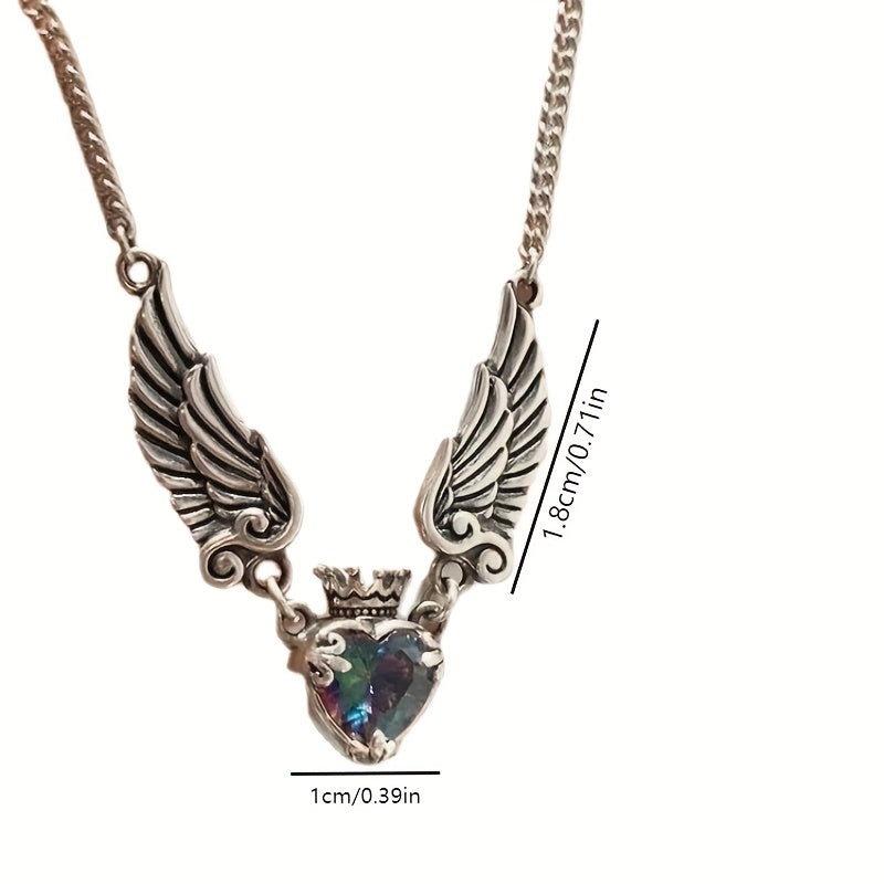 Vintage Distressed Aurora Love Crown Angel Demon Wings Pendant Necklace