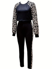 Leopard 2pc Set Long Sleeve T-shirt & Leggings Outfit Women's Clothing