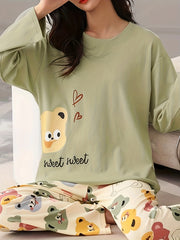 Bear Print Pajama Set Long Sleeve Top & Pants Women's Sleepwear