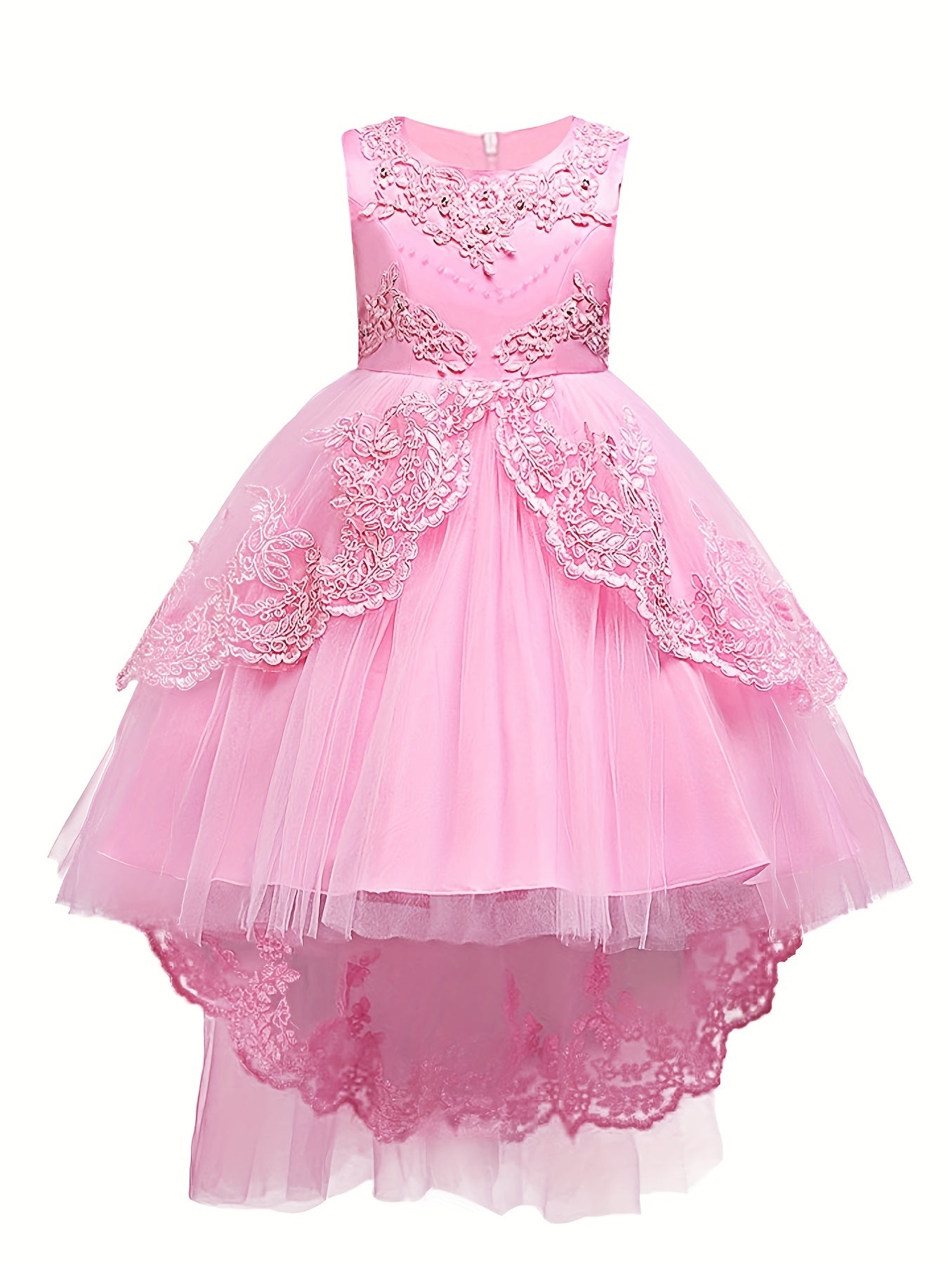Girls Puffy Princess Dress Sleeveless Beaded Flowers Embroidery Tulle Lace Tutu