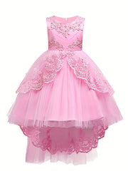 Girls Puffy Princess Dress Sleeveless Beaded Flowers Embroidery Tulle Lace Tutu