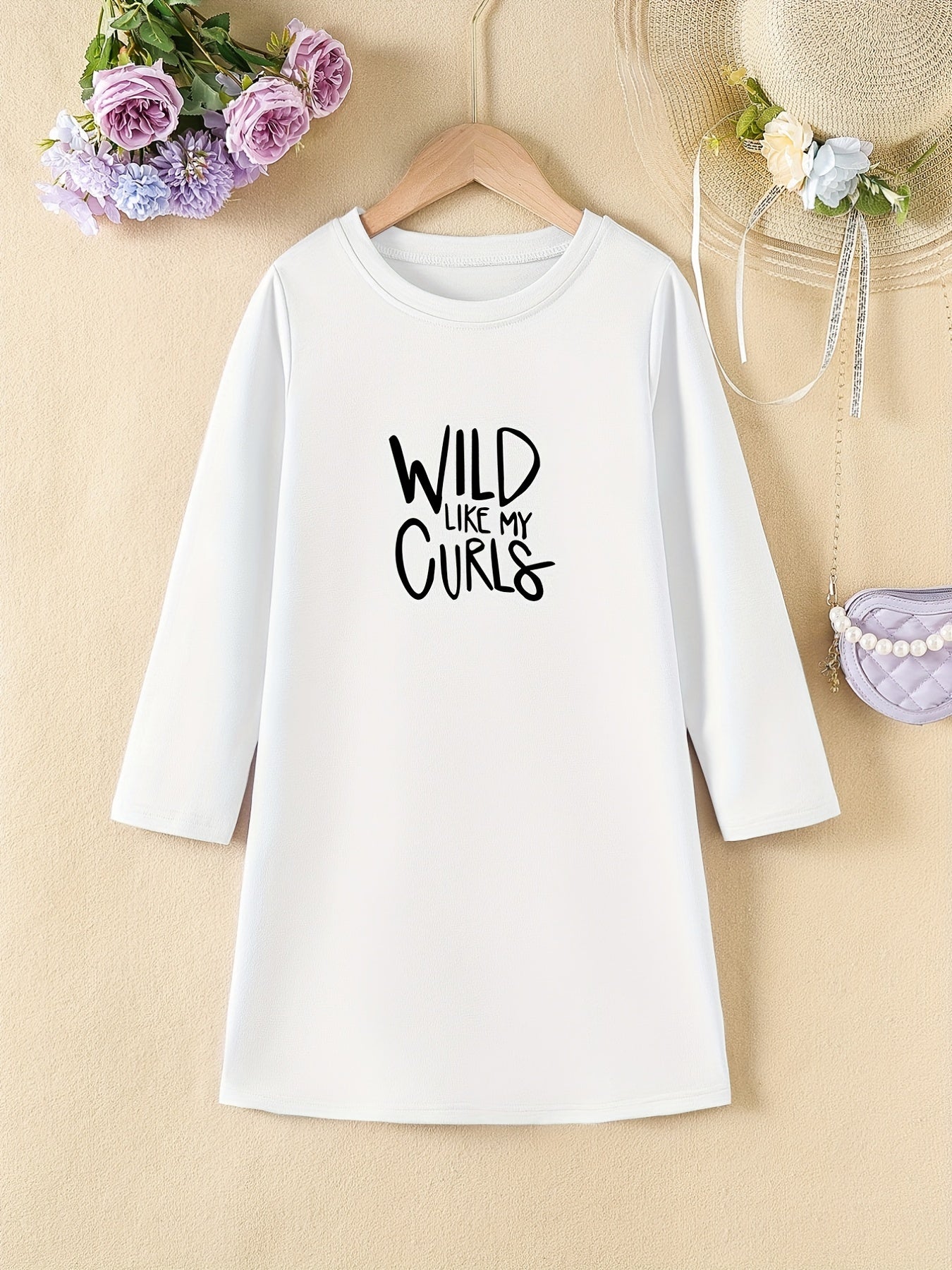 Girls' Letter Print Long Sleeve A Line Dress for Spring Fall