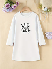 Girls' Letter Print Long Sleeve A Line Dress for Spring Fall