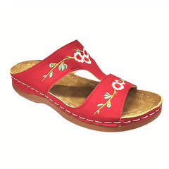 Women's Flower Embroidered Wedge Slippers Open Toe Non Slip Beach Slides