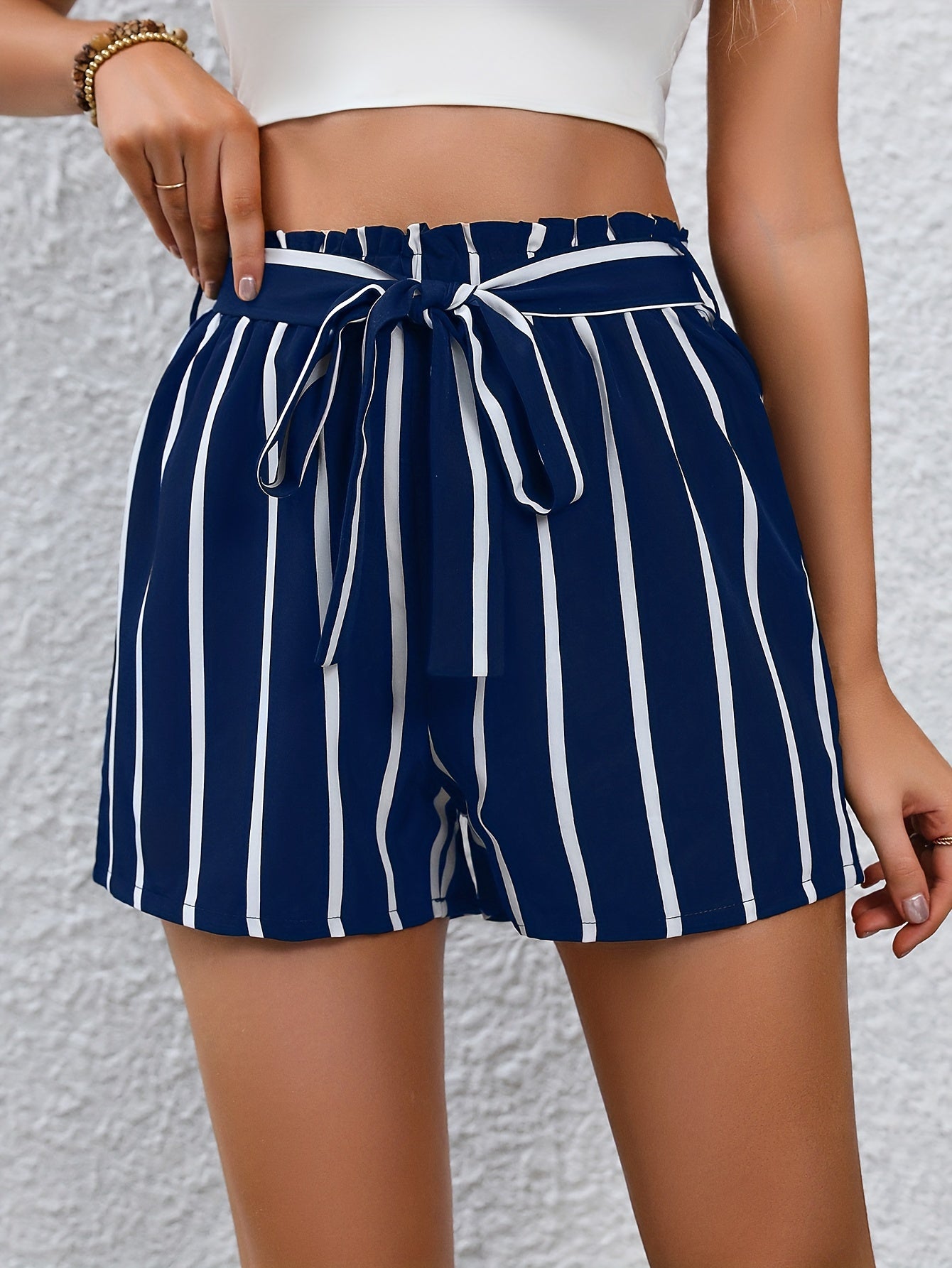 Striped Print Tie Front Shorts Wide Leg Summer Casual Shorts