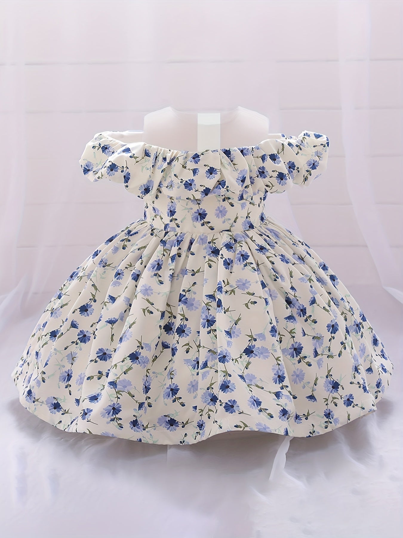 Girls Floral Print Puffy Dress Baby One Year Birthday Party Gown