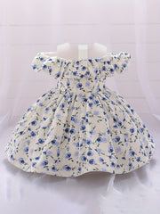 Girls Floral Print Puffy Dress Baby One Year Birthday Party Gown