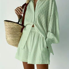 Ribbed Lantern Sleeve Shirt & Shorts Set