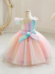 Girls Sleeveless Princess Dress with Bow Mesh Panelled Bodysuit