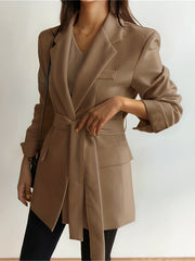 Lapel Neck Tie Waist Blazer Long Sleeve Blazer For Office & Work